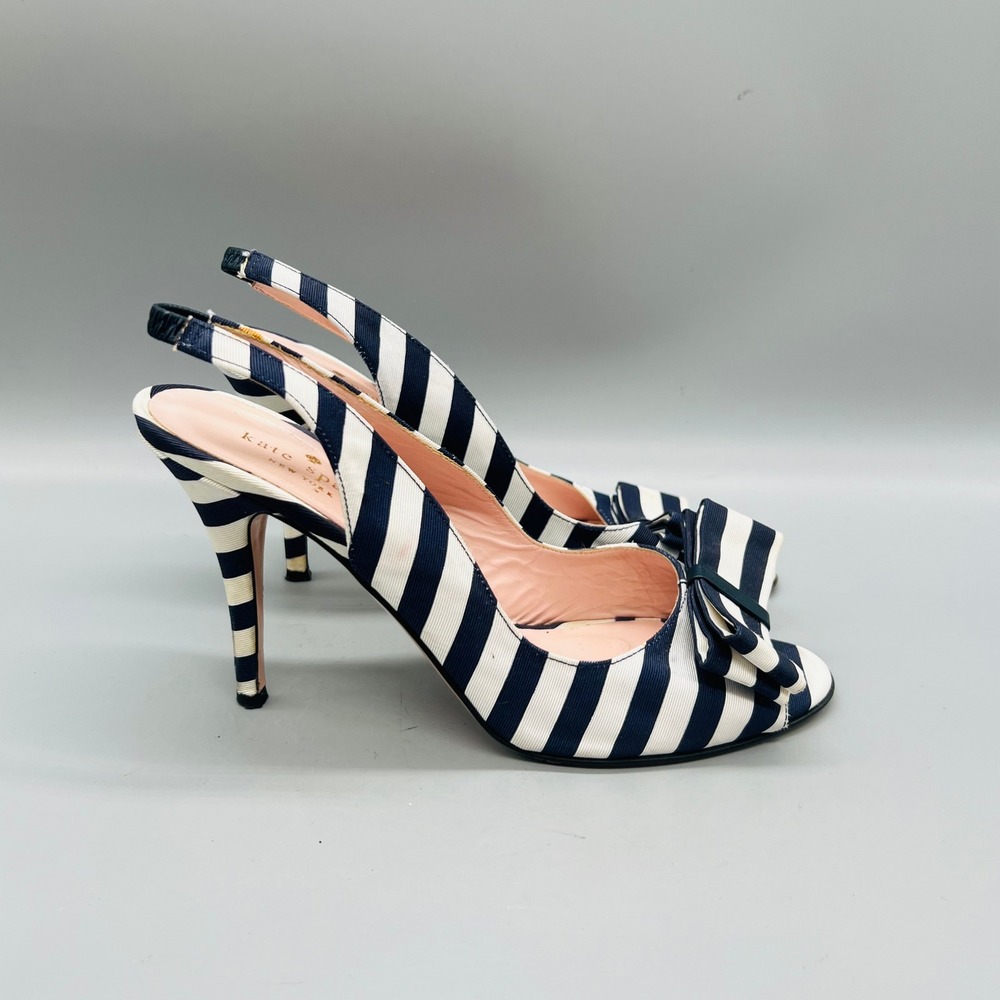 Kate Spade Shoes Womens 8.5 Blue White Striped Slingback Bow Peep Toe Heel Pumps